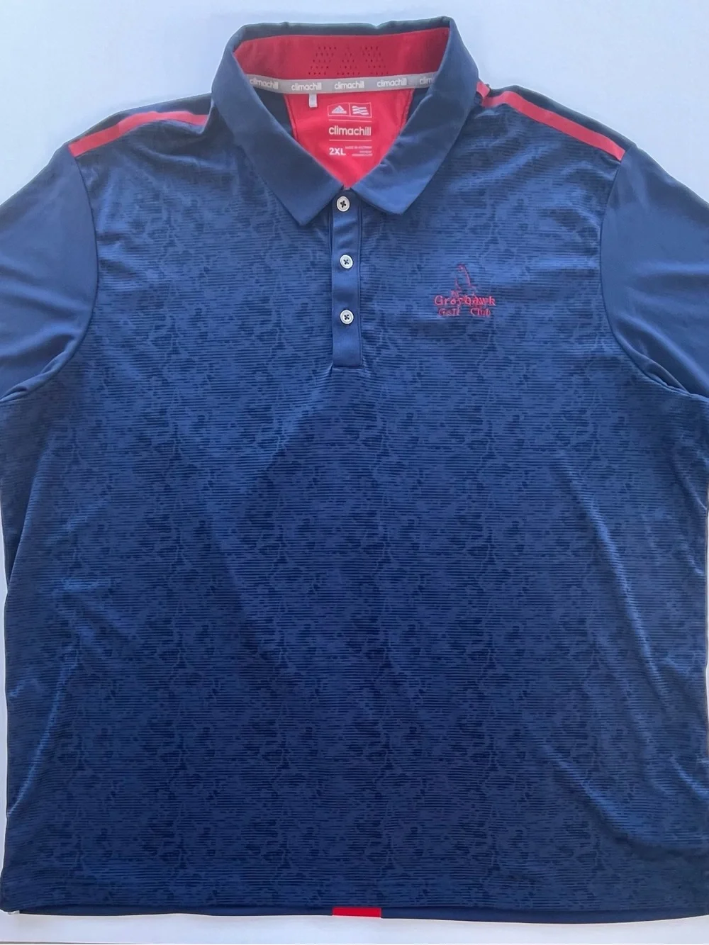 Adidas climacool men’s 2XL blue golf polo; Gray Hawk Golf Club logo; lightweight